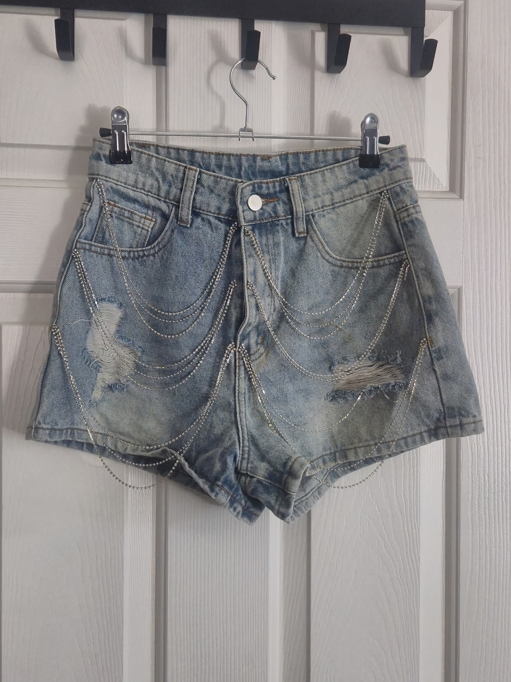 Windsor Light Blue Distressed High-Waist Denim Shorts with Silver Chain
